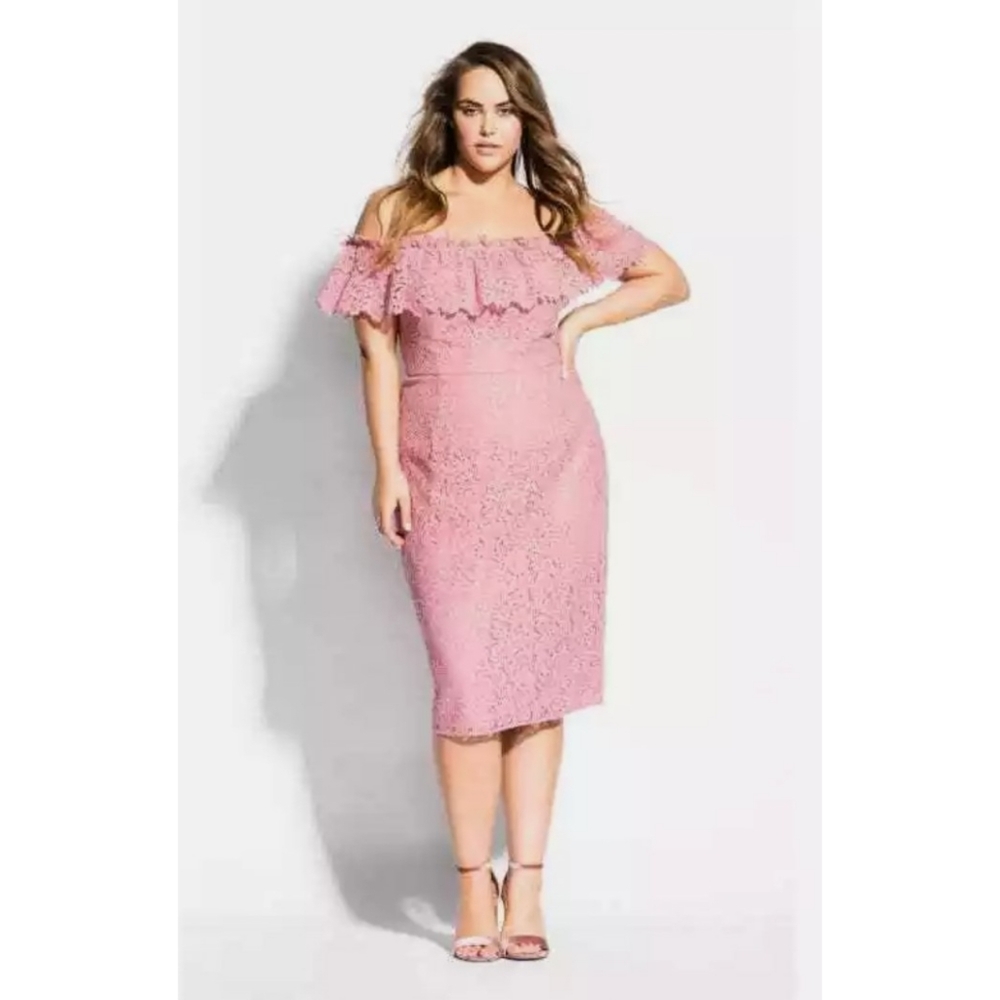 City Chic | Lace Flourish Off-The-Shoulder Dress in Sugar Pink NEW Size 20